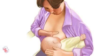 Woman breast-feeding with football hold